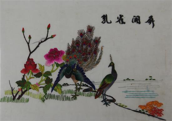 Three Chinese pith paintings, two embroidered pictures and a Japanese painting, 19th / 20th century, largest image 27.5 x 18cm